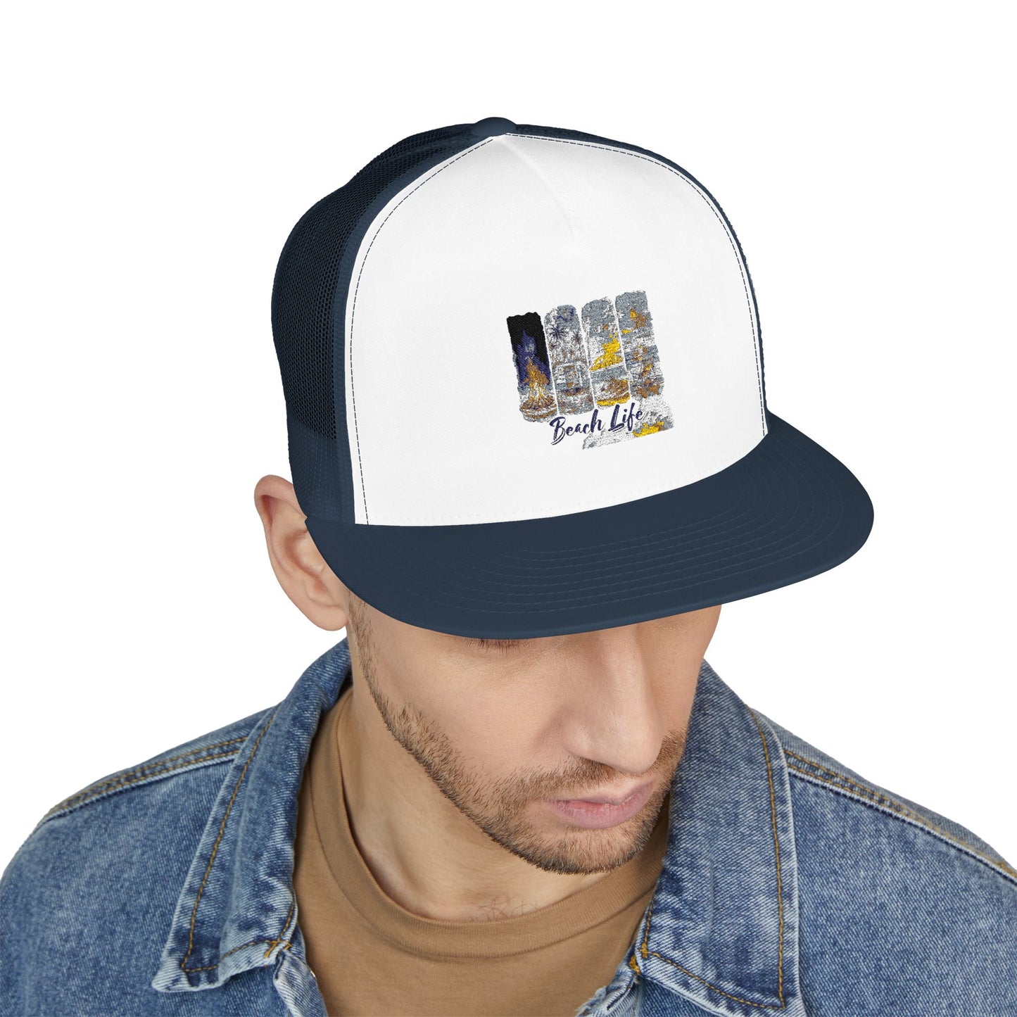 Beach Life 5 Panel Trucker Cap - Embroidered Summer Hat