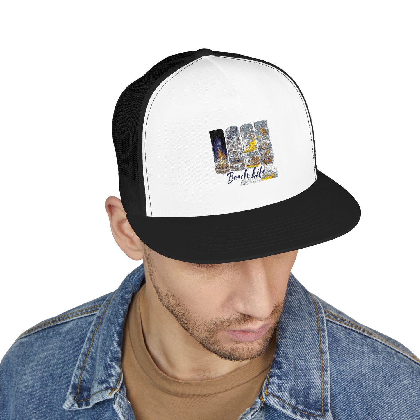 Beach Life 5 Panel Trucker Cap - Embroidered Summer Hat