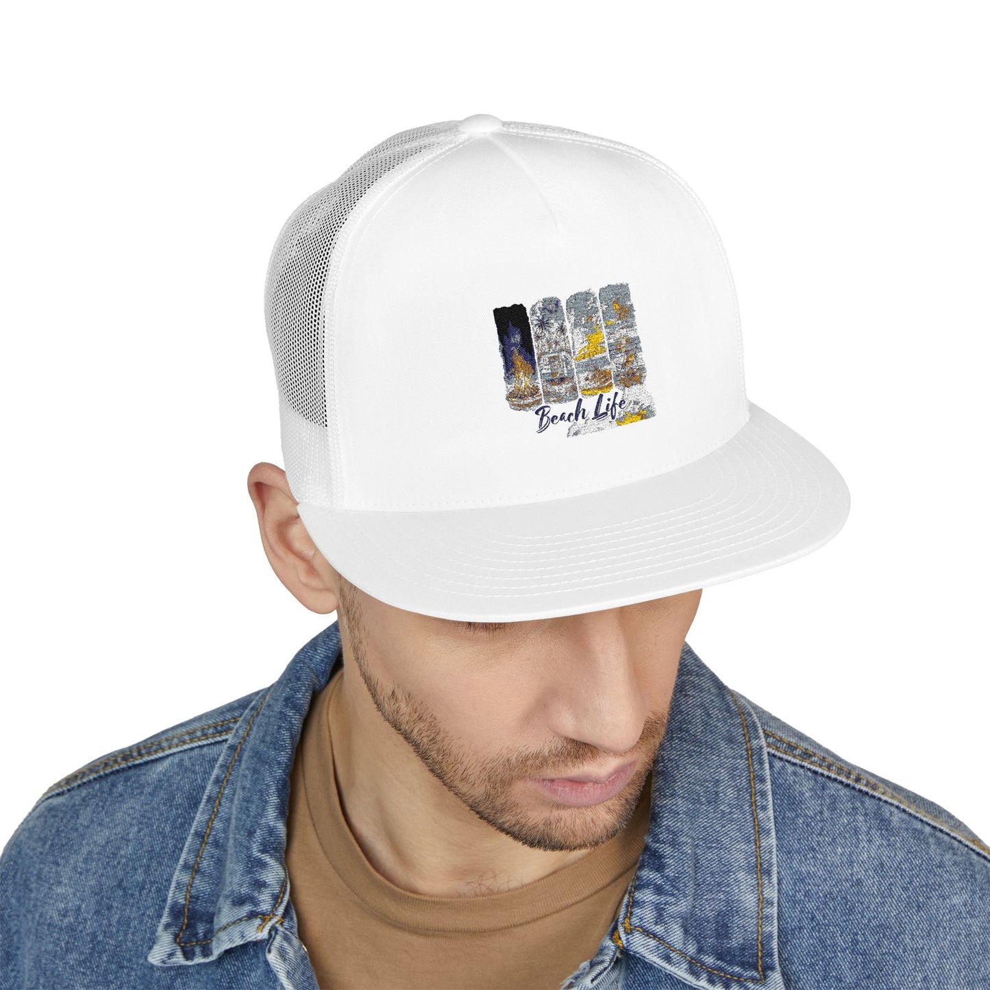 Beach Life 5 Panel Trucker Cap - Embroidered Summer Hat