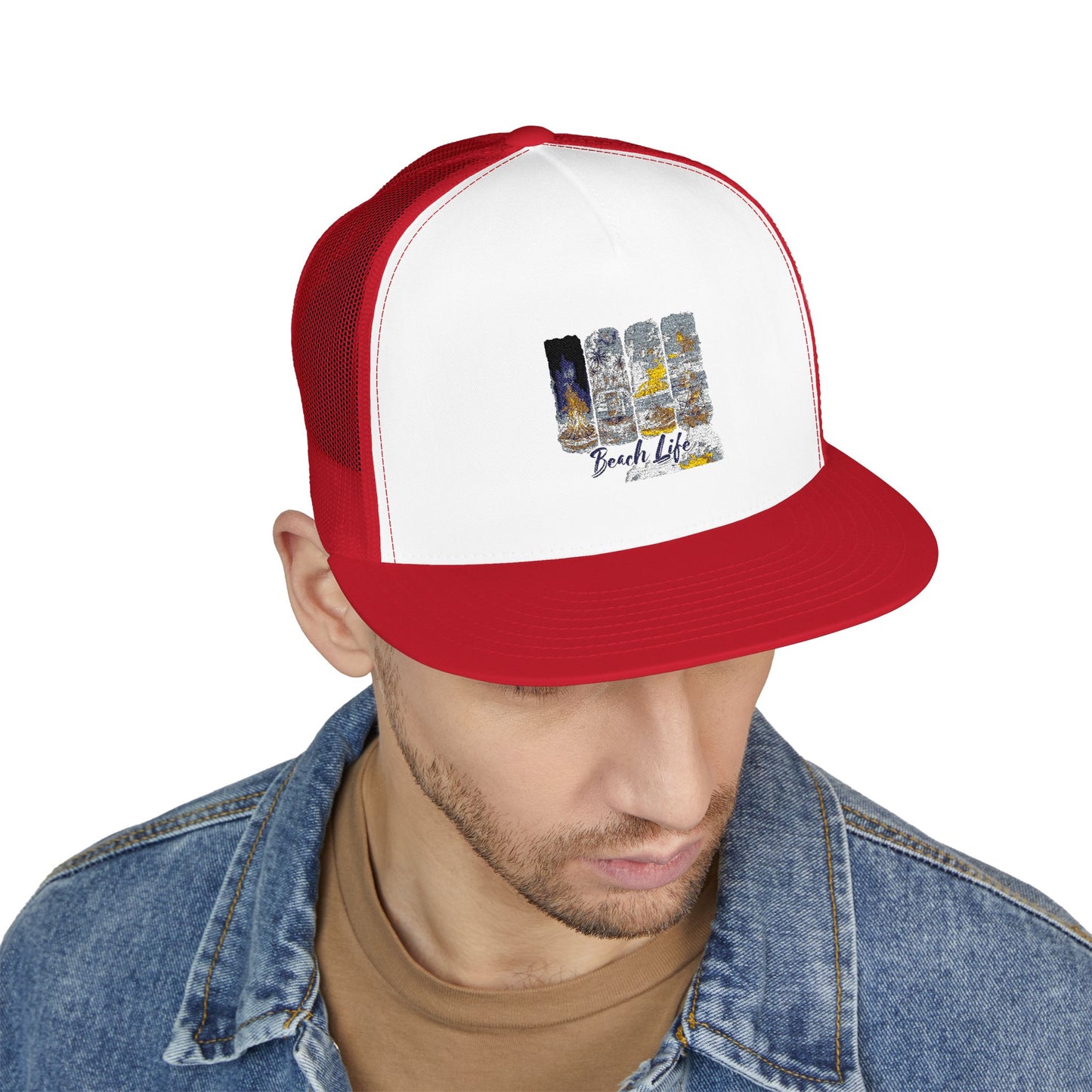 Beach Life 5 Panel Trucker Cap - Embroidered Summer Hat